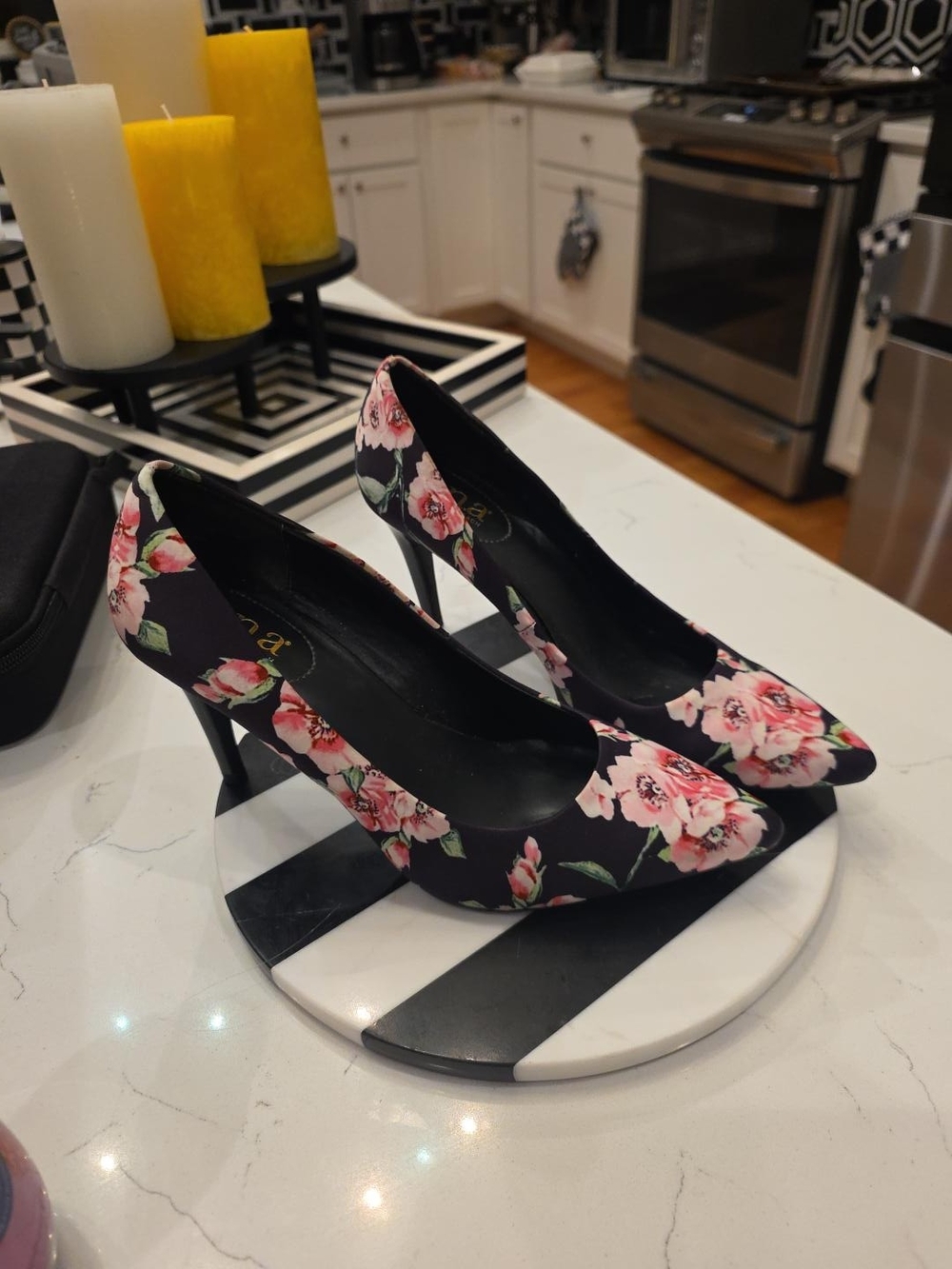 A.N.A. Black Pointed-Toe Stiletto Pumps with Pink Floral Print